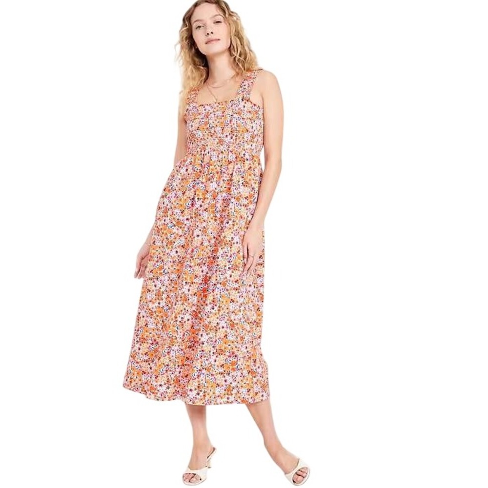 Old Navy Fit & Flare‎ Smocked Midi Dress Multi Floral L Cotton Cottagecore Boho